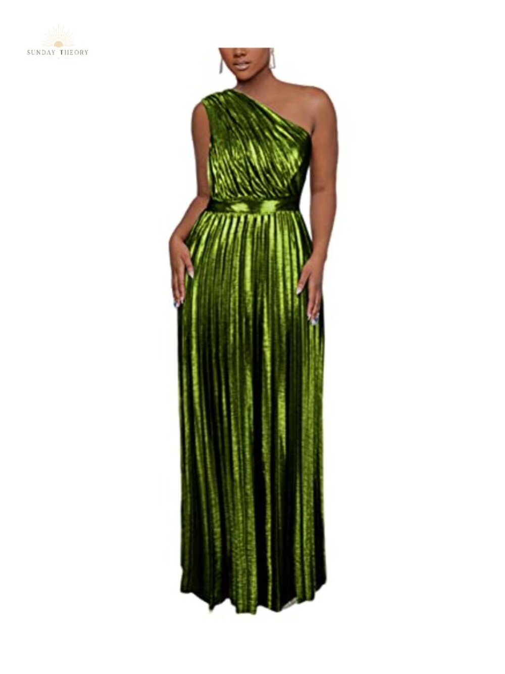 Women's Metallic One Shoulder Sleeveless Pleated Maxi Dress